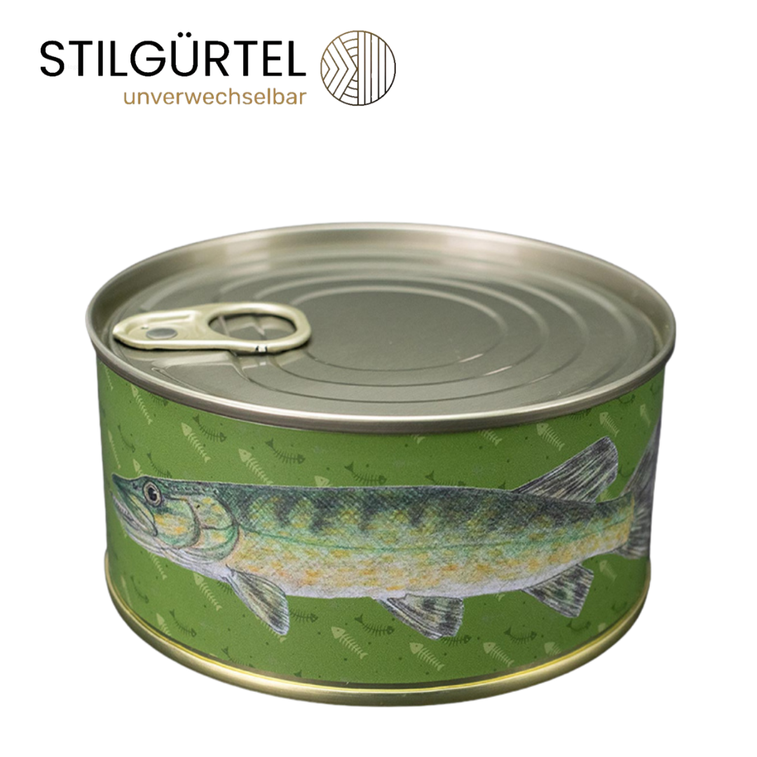 Textilgürtel in Dose mit grünen Gurt "Hecht Motiv"