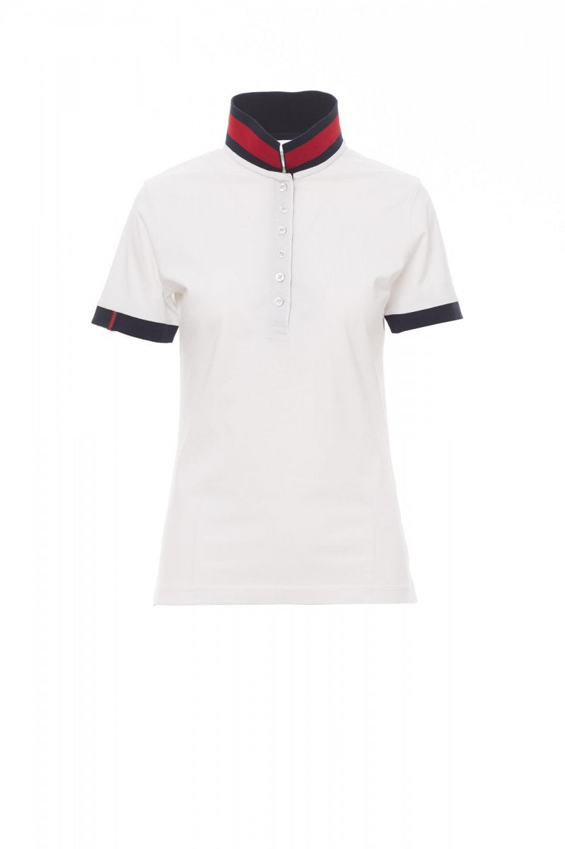 PAYPER - Tailliertes Damen-Poloshirt kurzärmelig MEMPHIS LADY - Farbe: Weiss/Rot-Blau