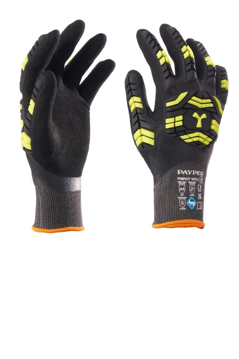 PAYPER - Stoßschutzhandschuhe P/IMPACT 18FULL (VPE: 6 Paar) - Farbe: Schwarz / Fluogelb