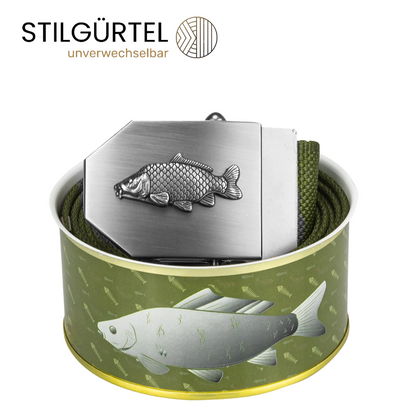 Textilgürtel in Dose mit grünen Gurt "Karpfen Motiv"